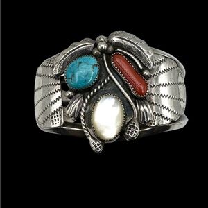 Navajo Native American Sterling Silver Turquoise Snake Cuff Bracelet 7 1/8"